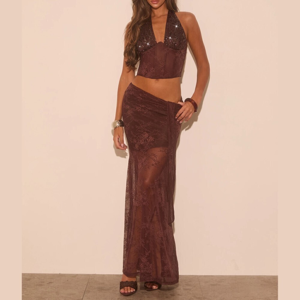 Brown Sequin Lace Halter Corset Crop Top and Sheer Maxi Skirt Set
